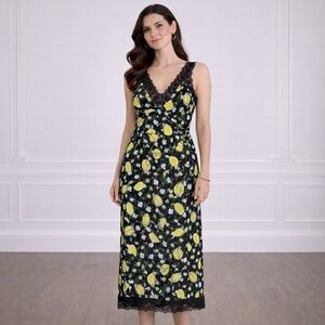 NWT Diane Von Furstenberg Issey silk dress with lace trim Lemon Print Black Sz M